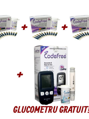 Ofertă CodeFree: 150 Teste pentru glicemie + 75 buc Ace sterile + Glucometru SD CodeFree GRATUIT