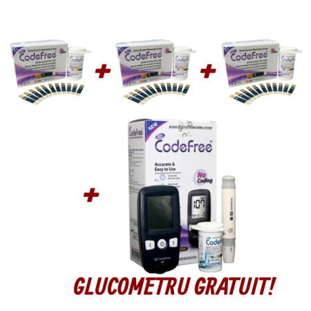 Ofertă CodeFree: 150 Teste pentru glicemie + 75 buc Ace sterile + Glucometru SD CodeFree GRATUIT
